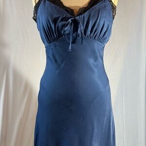 Live To Be Spoiled Satin Cobalt Blue Black Lace Trim Babydoll
Slip Mini Dress XL
